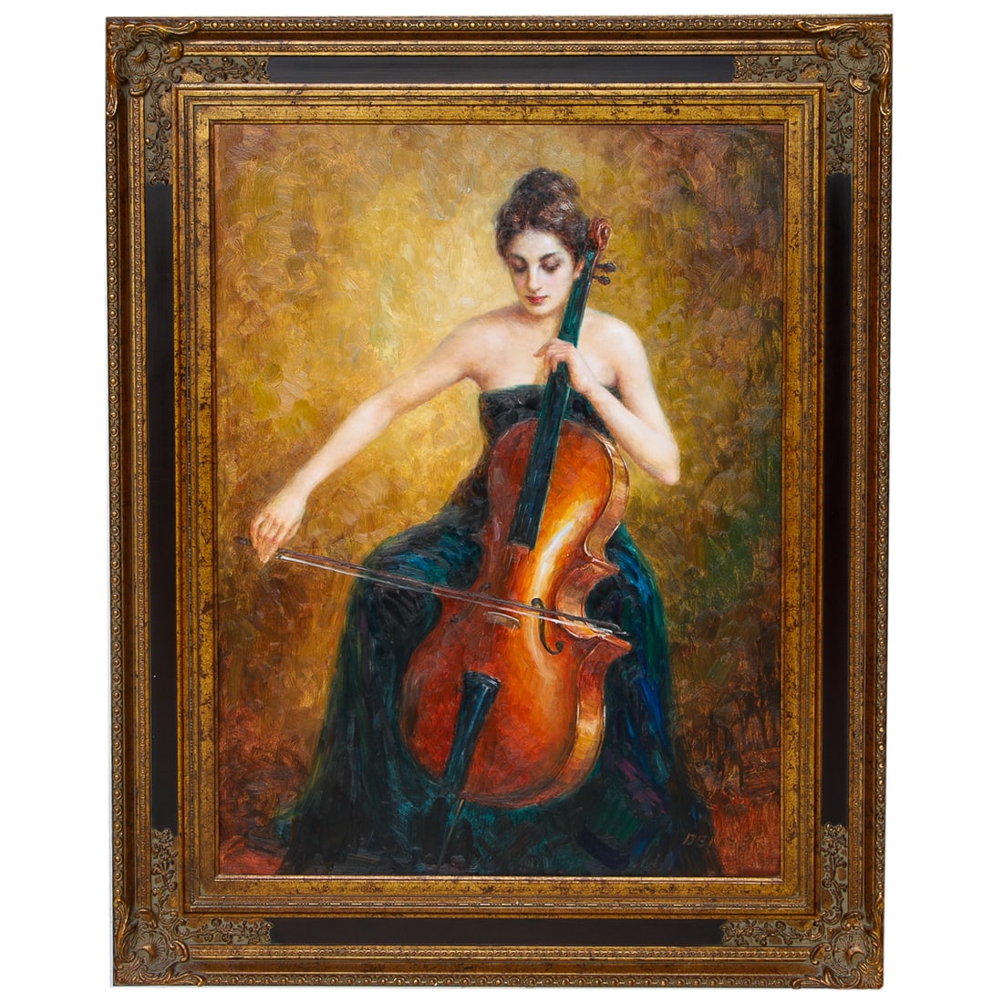 Cello Performer, Oil on Canvas: Cello Performer, Oil on Canvas, Depicting Female Cellist Clothed in Emerald Green Strapless Dress, Signed Denber in Lower Right Corner, Housed in Ebony and Burnished Gold Gilt Frame Featuring
