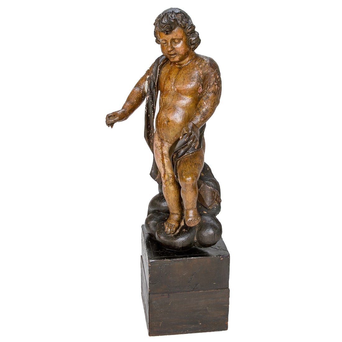 Early 19th C. Italian Carved Wood Polychrome Putti: Early 19th C. Italian Carved Wood Polychrome Putti, Having Draped Cloth, Resting on Stone Form Base, Terminating in Newer Ebony Painted Square Wood Base. 48" High, 16" Wide, 19" Deep