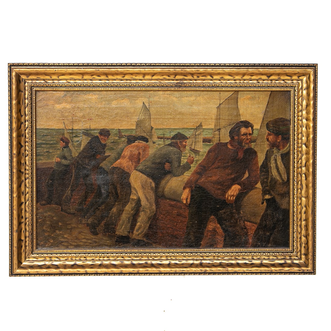 Late 19th C. Nautical Scene, Oil on Canvas: Late 19th C. Nautical Scene, Oil on Canvas, Depicting Fishermen Overlooking Harbor, Housed in Newer Burnished Gold Leaf Frame. 15.5" High, 22.5" Wide, 1.25" Deep; Canvas- 12" High, 19" Wide (Small