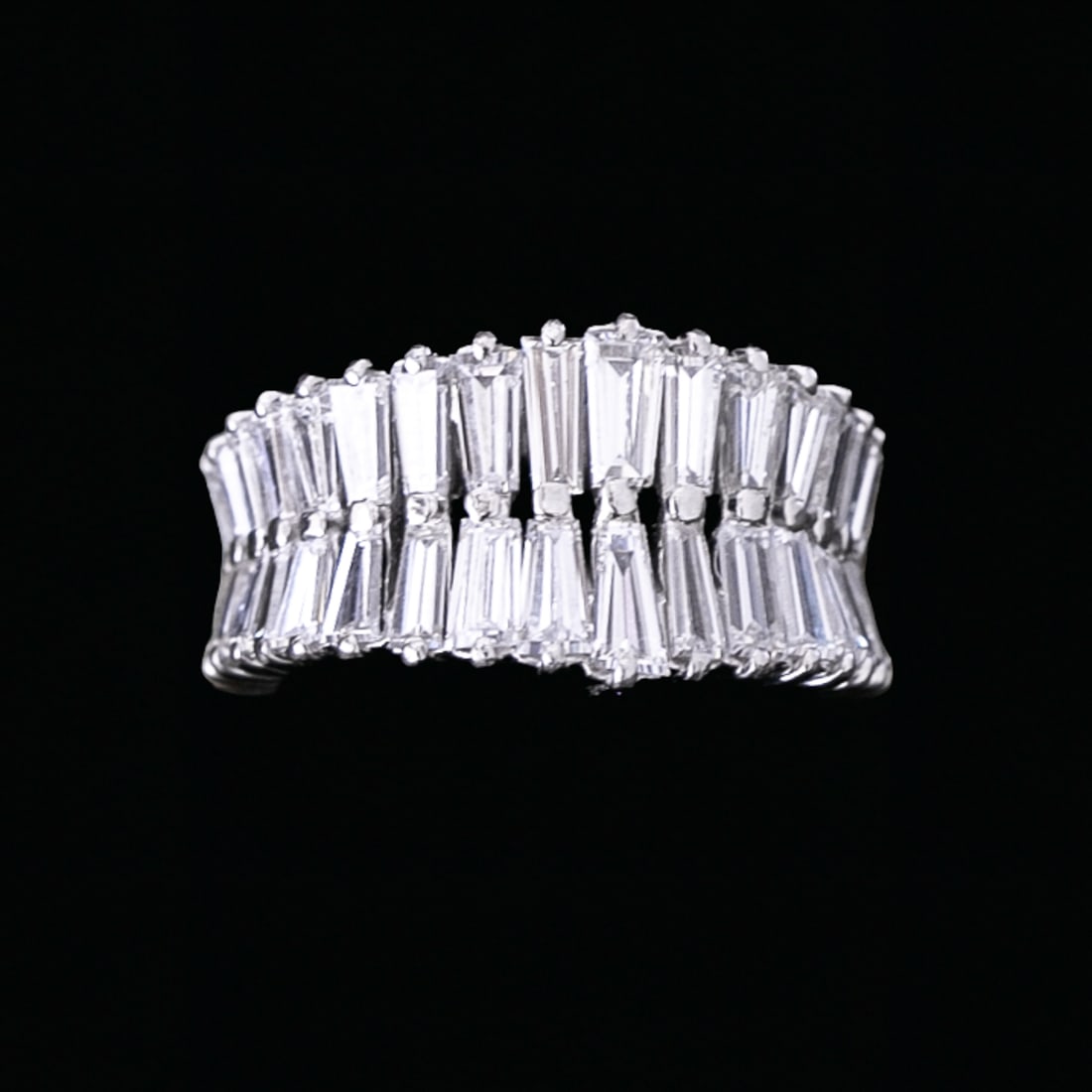 Platinum Natural Diamond Eternity Ring, Size 6.5: Platinum Natural Diamond Eternity Ring, Size 6.5, Consisting of Sixty-Four (64) Tapered Baguette Natural Diamonds Weighing 5.00 Carats. Diamonds are F-G in Color and VS in Clarity. Ring Weighs 12.0