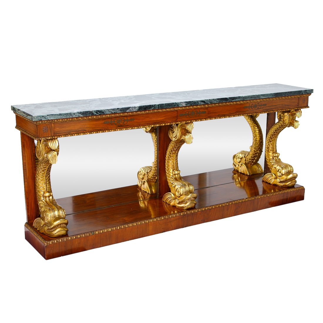 Late 19th C. English Mahogany Regency Style Marble Top Dolphin Base Console Table: Late 19th C. English Mahogany Regency Style Marble Top Dolphin Base Console Table, Having Verde Green Marble Top, Egg and Dart Carved Gilt Wood Top of Frieze, Brass Leaf and Vine Inlays on Front of Fr
