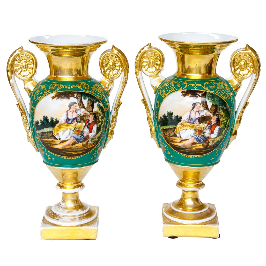 Late 19th C. Continental Sevres Style Porcelain Urns, Pair: Late 19th C. Continental Sevres Style Porcelain Urns, Pair, Having Flared Gilt Tops, Floral and Scroll Form Gilt Handles, Emerald Green Ground with Extensive Gilt Scroll Work, Back Panels Feature