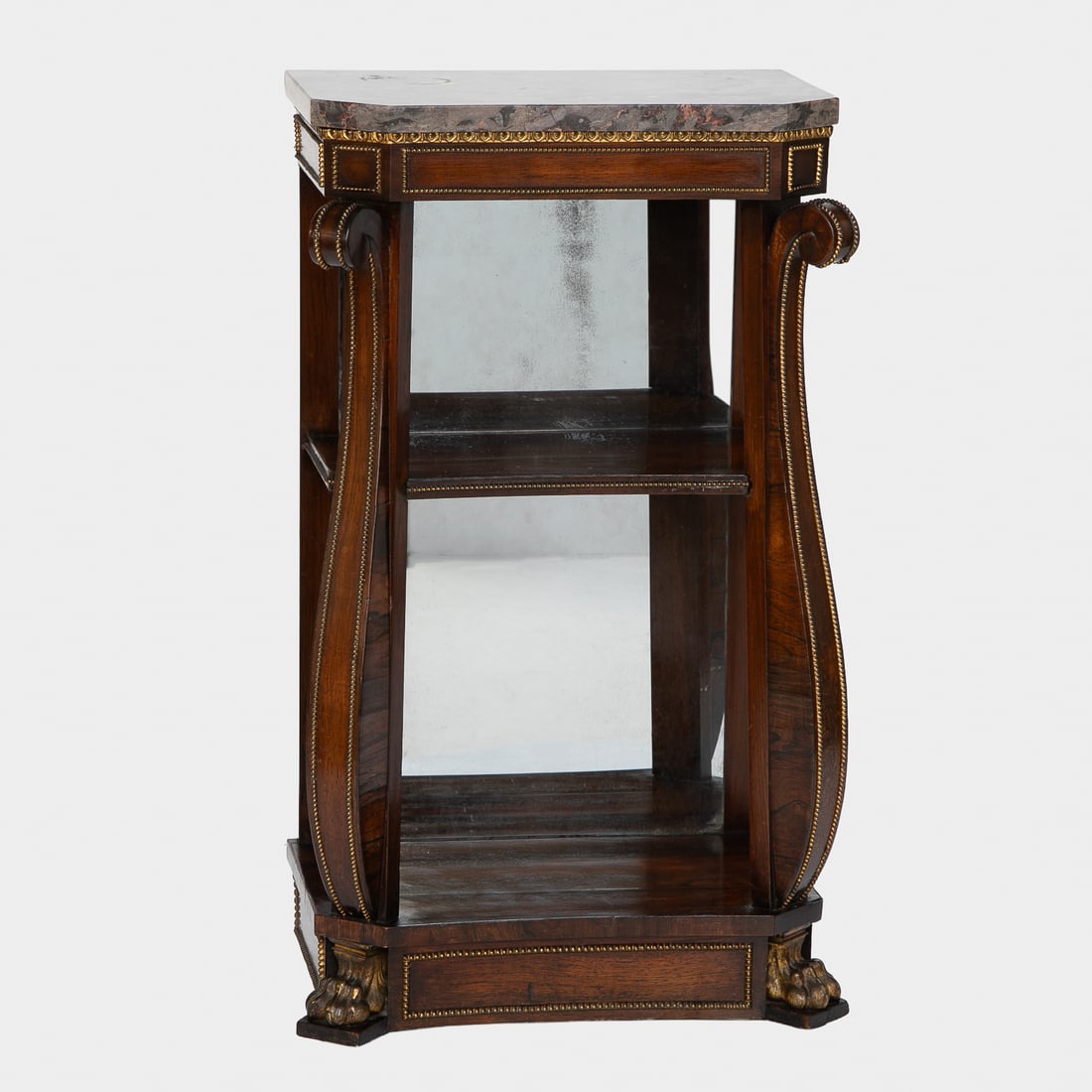 19th C. French Empire Style Rosewood Marble Top Console Table: 19th C. French Empire Style Rosewood Marble Top Console Table, Having Shaped Gray Marble Top, Brass Heart Shape Top Edge, Brass Bead Details on Sides, Shelf Edges, Side Supports and Bottom, One