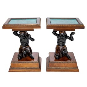 20th C. Venetian Style Italian Hand Painted Blackamoor and Faux Malachite Pedestals/Side Tables