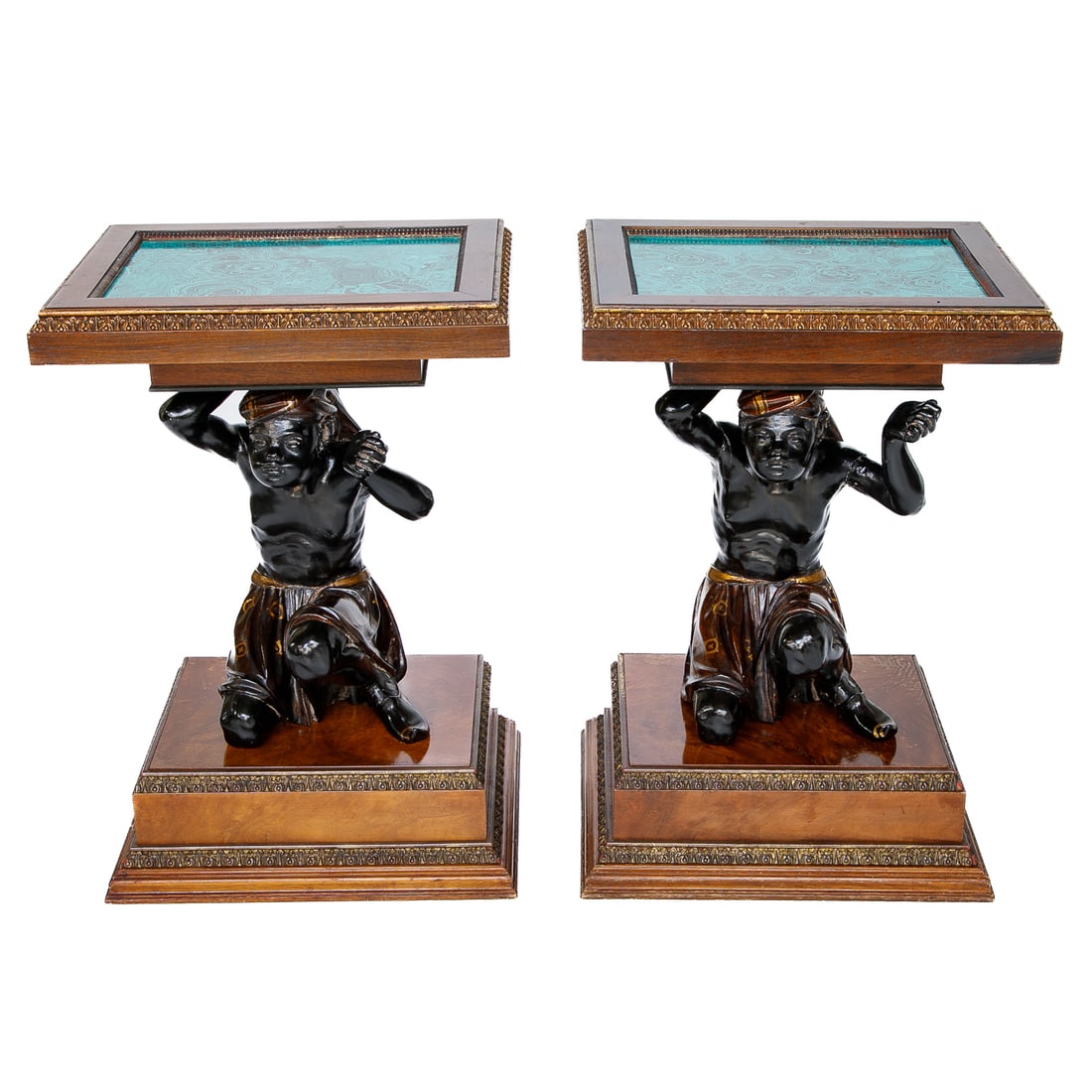 20th C. Venetian Style Italian Hand Painted Blackamoor and Faux Malachite Pedestals/Side Tables: 20th C. Venetian Style Italian Hand Painted Blackamoor and Faux Malachite Pedestals/Side Tables, Pair, Having Molded Tops Featuring Carved Edges, Faux Malachite Inset Tops, Blackamoor Figural