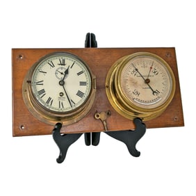 Vintage Mounted Ships Clock and Barometer