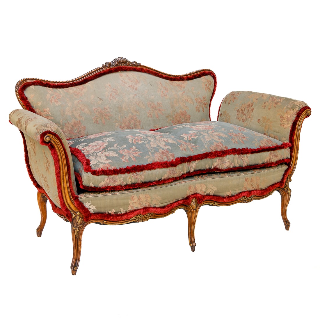 Late 19th C. Carved Walnut Louis XV Style Settee: Late 19th C. Carved Walnut Louis XV Style Settee, Having Shaped Carved Rope Edge Top Rail Featuring Leaf and Scroll Carved Center, Scroll Arms, Shaped Apron Featuring Carved Leaf Designs, Resting on