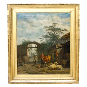 19th C. Frans LeBret , Dutch, (1820-1909) Pastoral/ Barnyard Scene, Oil on Canvas