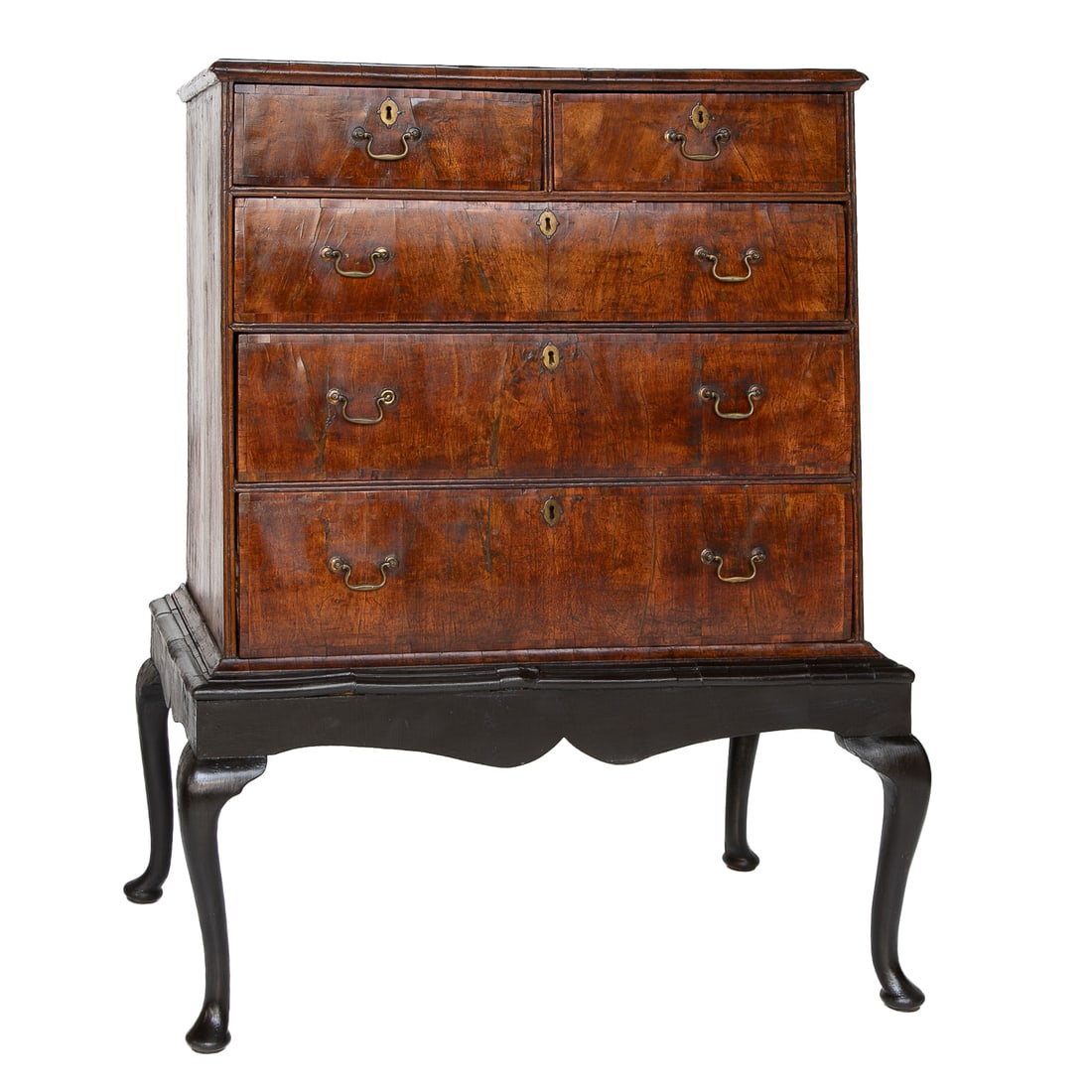 Late 18th/Early 19th C. English Walnut George II Style Chest on Stand: Late 18th/Early 19th C. English Walnut George II Style Chest on Stand, Having Cross Banded Inlaid Top, Two Small Drawers Over Three Full Graduated Drawers, All Having Cross Banded Fronts and Brass Pul