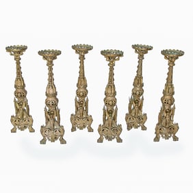 Antique French Gilt Bronze Gothic Revival Style Brass Candlesticks, Six Total