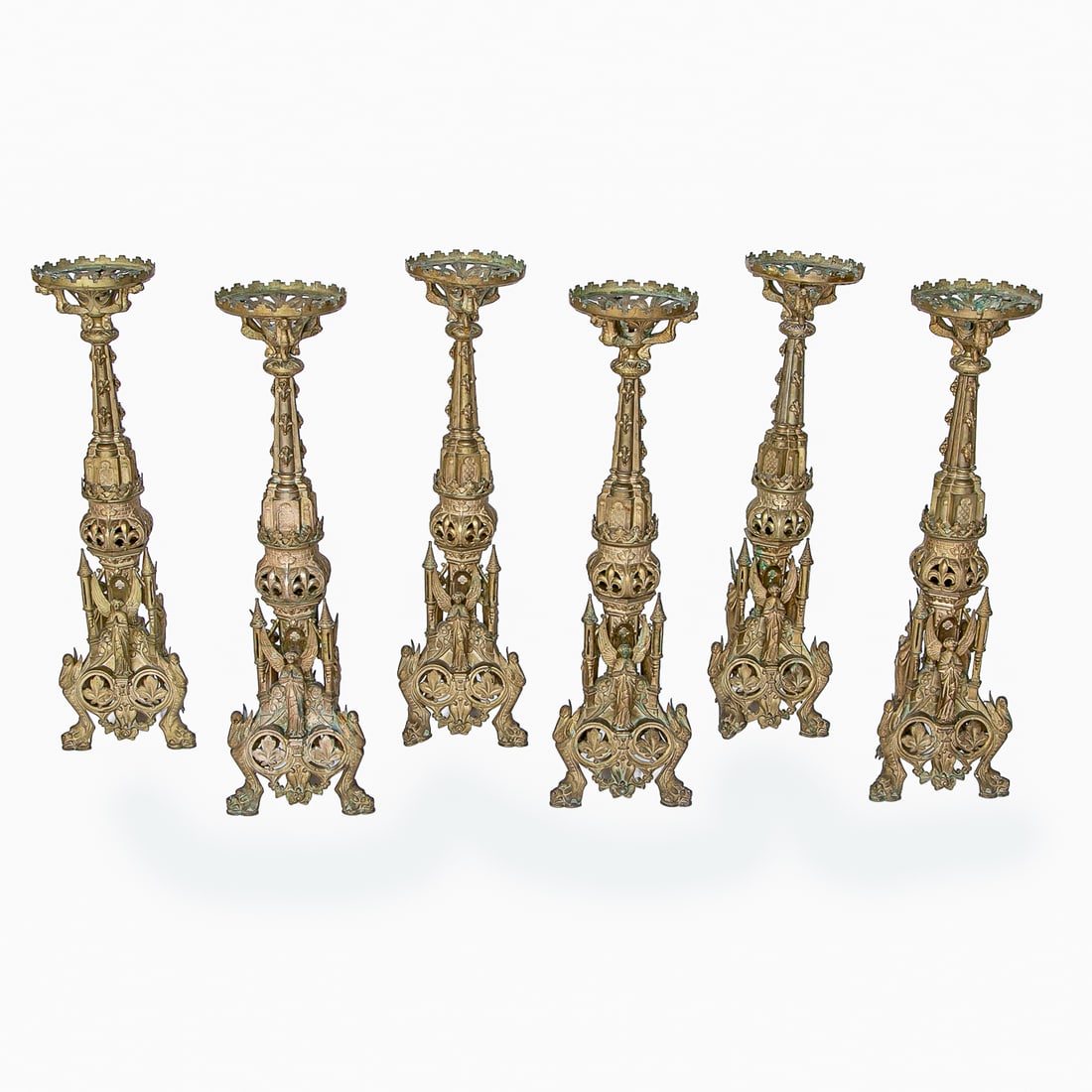 Antique French Gilt Bronze Gothic Revival Style Brass Candlesticks, Six Total (1 of 9)