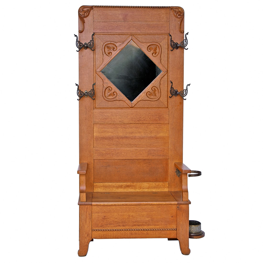 Antique American Oak Arts and Crafts Style Hall Tree: Antique American Oak Arts and Crafts Style Hall Tree, Having Bead Carved Top, Flanked by Scroll Carvings, Diamond Shape Mirror Center, Surrounded by Leaf Carved Sides, Four Brass Double Coat Hangers,