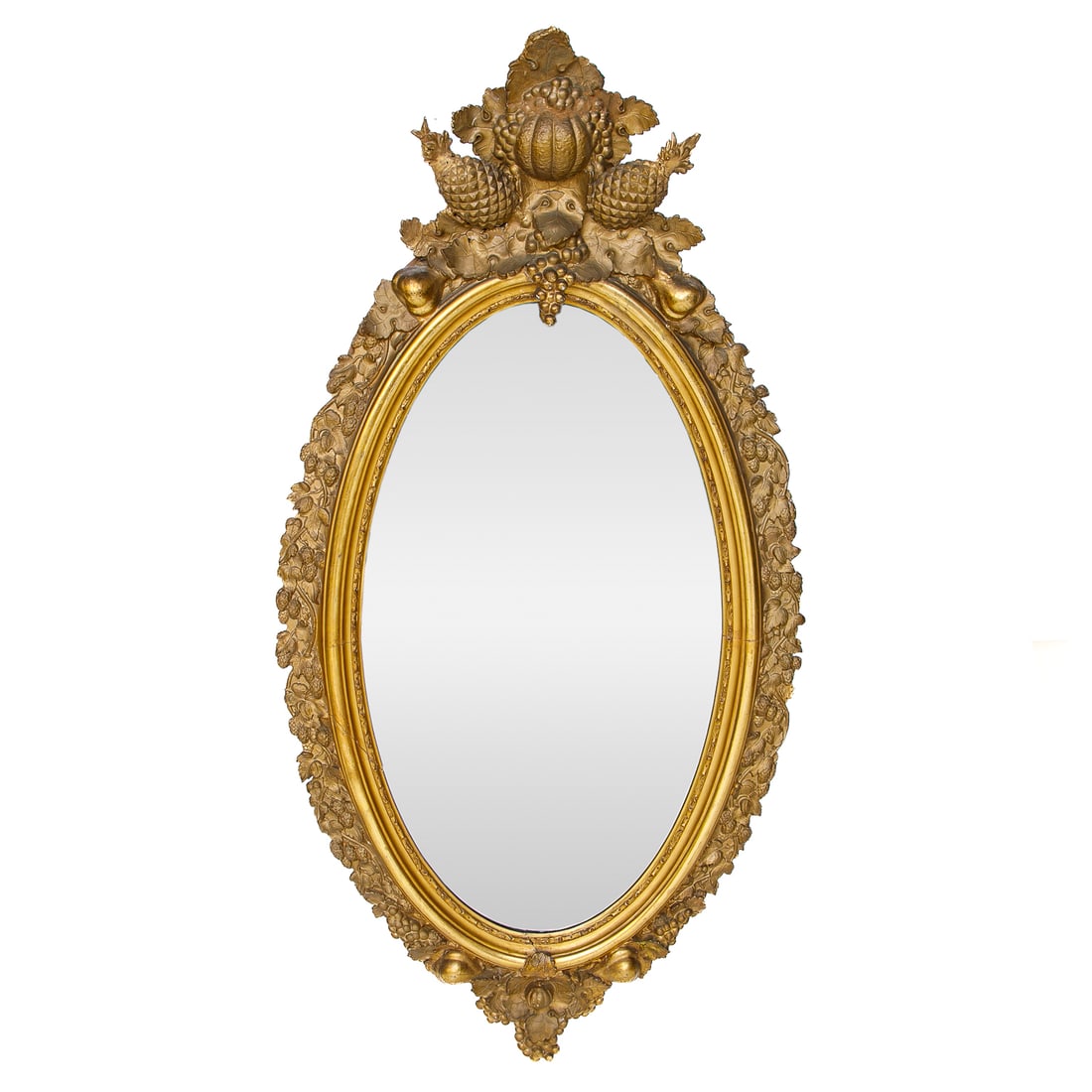 Late 19th C. French Style Gilt Wood Oval Wall Mirror: Late 19th C. French Style Gilt Wood Oval Wall Mirror, Having Fruit Carved Top Featuring Pumpkin and Pineapple Forms, Flanked by Leaf and Berry Carved Sides, Bottom Features Carved Grape Clusters and L