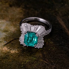 Platinum Natural Emerald and Diamond Ring, Size 6.25