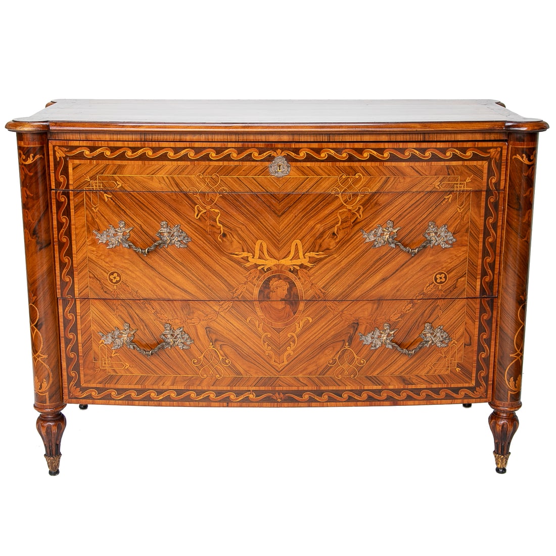 Vintage Cabiate Co Italian House of Rho Mobili D'Epoch Inlaid Commode: Vintage Cabiate Co Italian House of Rho Mobili D'Epoch Inlaid Commode, Having Shape Top Featuring Wave Inlays, Satinwood String Inlay, Cross Banded Inlays, Rounded Corners, One Full Handleless Drawer
