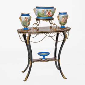 Late 19th C. French Neoclassical Gueridon Style Table Featuring Porcelain Vessels