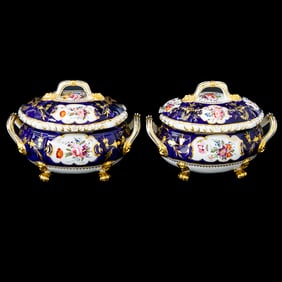 19th C. English Crown Derby Porcelain Sauce Tureens, Companion Pair