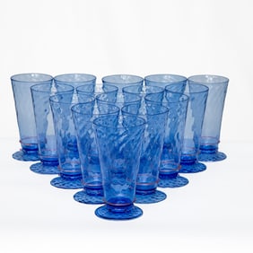 Vintage Hand Blown French Blue Venetian Glasses, Thirty-One Total Glasses, Attributed to Salviati