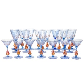 Vintage Hand Blown French Blue Venetian Stemware, Twenty Total Glasses, Attributed to Salviati
