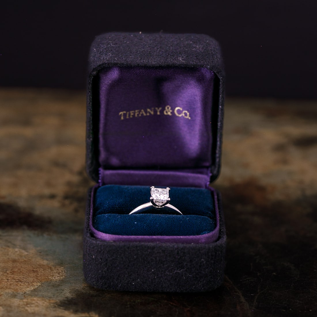 Tiffany & Co. Platinum Natural Diamond Engagement Ring with Box, Size 6.5: Tiffany & Co. Platinum Natural Diamond Engagement Ring with Box, Size 6.5, Consisting of One Natural Princess-Cut Diamond Weighing .92 Carats. Diamond is F in Color and VS in Clarity.