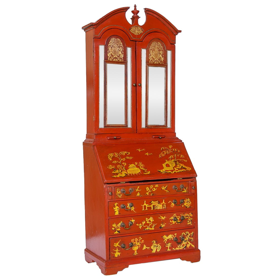 Antique Salesman Sample Red Chinoiserie Lacquered Bureau Bookcase: Antique Salesman Sample Red Chinoiserie Lacquered Bureau Bookcase, Having Broken Arch Pediment, Center Finial, Two Mirror Panel Doors, Interior Reveals One Shelf Atop Seven Pigeon Holes, Over Four Sma