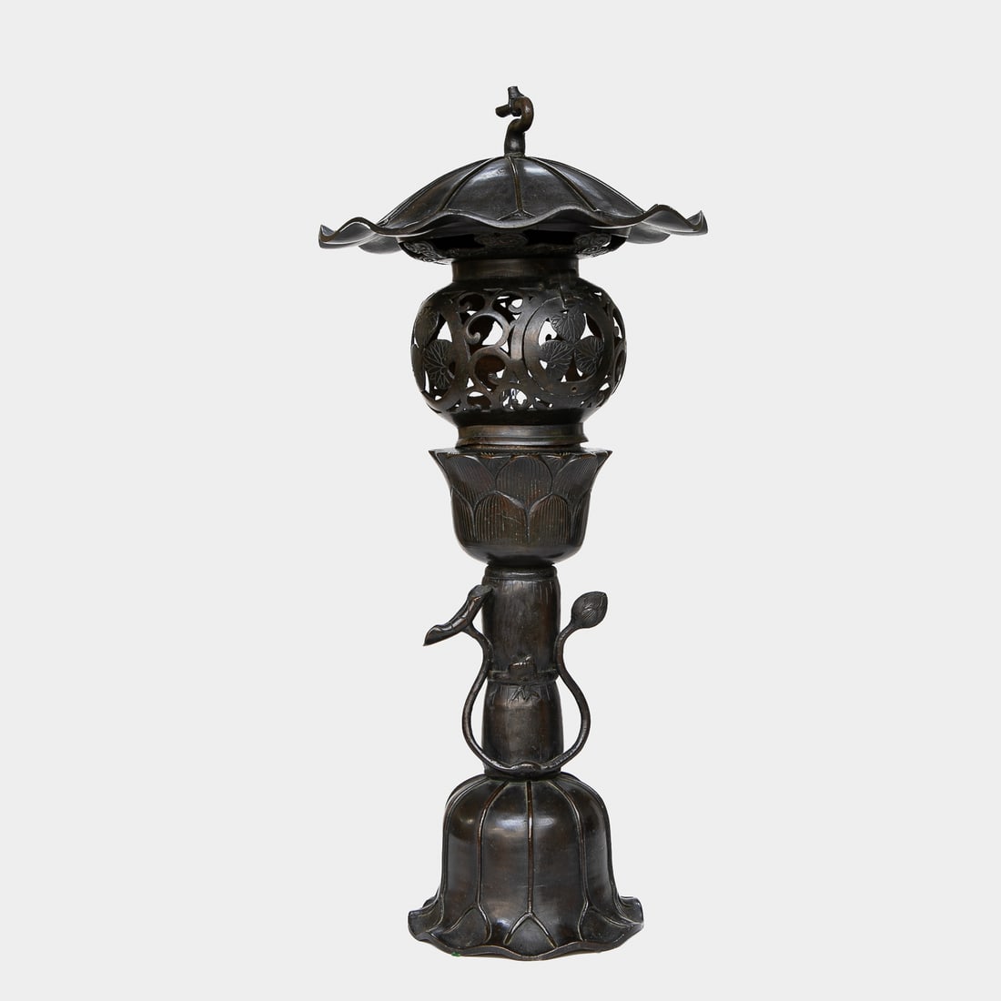 Late 19th C. Japanese Patinated Bronze Lily Form Table Lamp: Late 19th C. Japanese Patinated Bronze Lily Form Table Lamp, Having Lilly Pad Form Top, Pierced Floral and Scroll Design Center, Light Emits From, Leaf Design Top of Body, Smooth Center of Body Featur