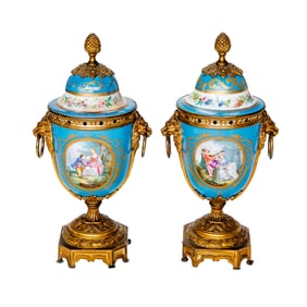 Late 19th C. French Sevres Style Hand Painted Porcelain Capped Urns, Pair