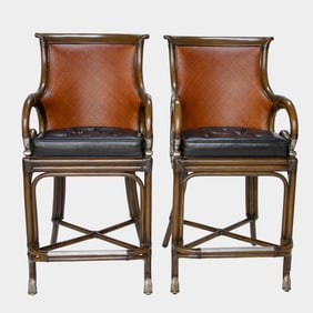 Vintage Maitland-Smith Bamboo Style Leather and Rattan Bar Stools, Pair