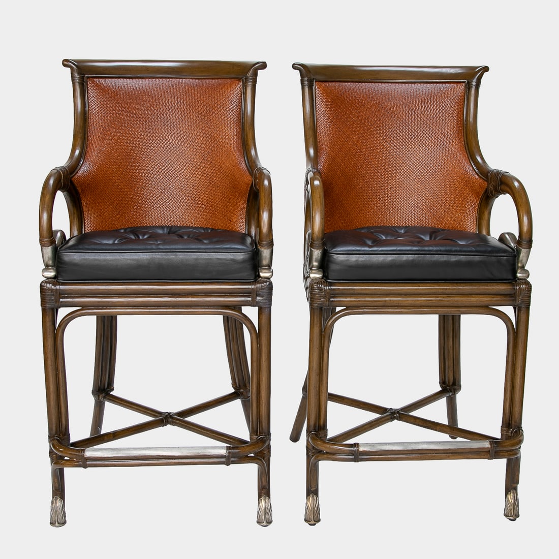 Vintage Maitland-Smith Bamboo Style Leather and Rattan Bar Stools, Pair: Vintage Maitland-Smith Bamboo Style Leather and Rattan Bar Stools, Pair, Discontinued, Having Bamboo Style Frame, Brown Rattan Back, Scroll Arms Featuring Silver Metal Scrolls, Ebony Tufted Leather Se