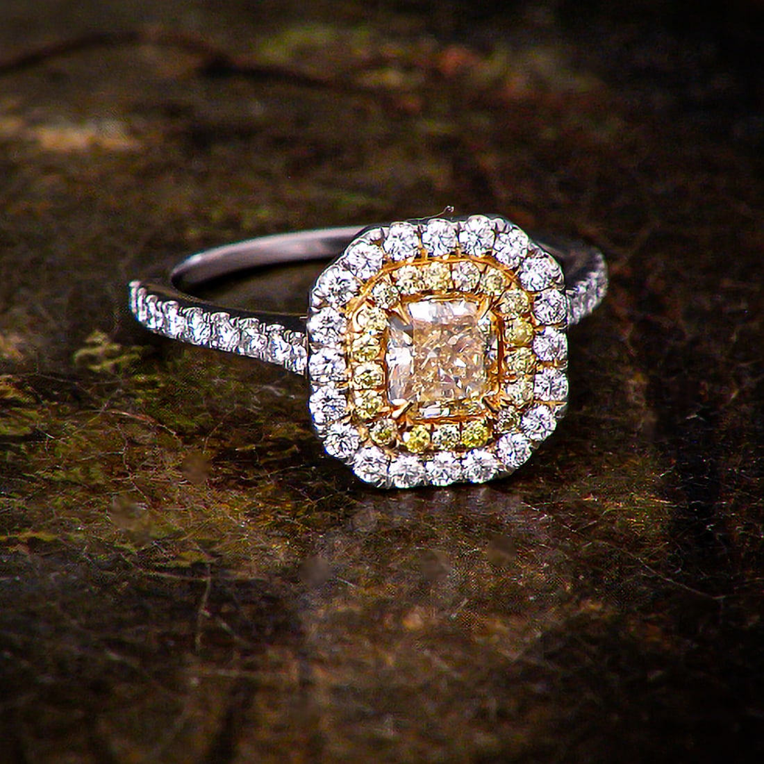 Platinum Natural Diamond Ring, Size 6.75: Platinum Natural Diamond Ring, Size 6.75, Consisting of One Center Natural Radiant-Cut Diamond Weighing .72 Carat. Diamond is Fancy Yellow in Color and VS in Clarity. Ring Also Contains Eighteen (18)