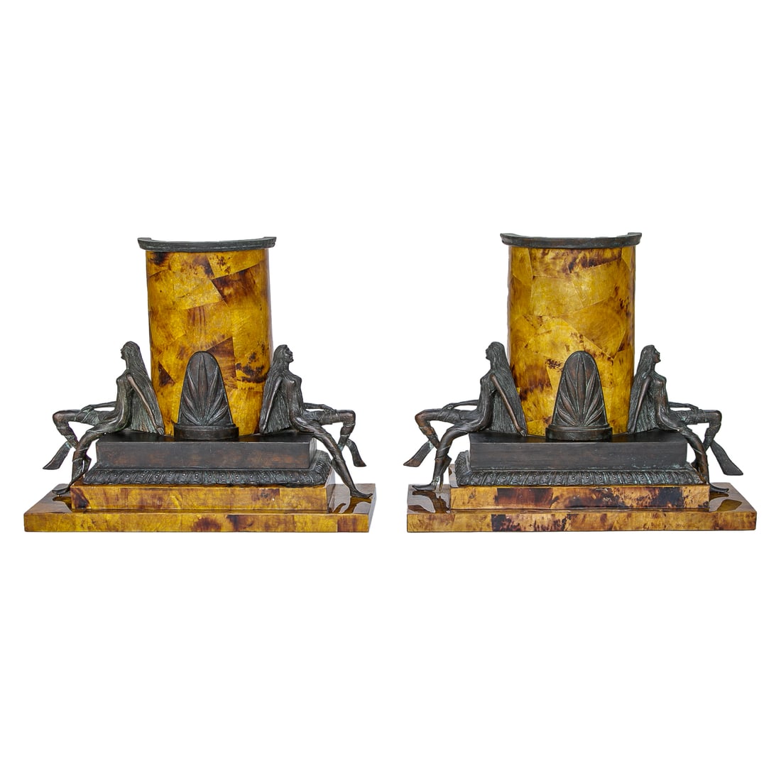 Vintage Maitland-Smith Art Deco Style Metal and Penshell Table Lamps, Pair: Vintage Maitland-Smith Art Deco Style Metal and Pin Shell Table Lamps, Pair, Discontinued, Having Demi Lune Pin Shell Shades Featuring Palm Leaf Front, Surrounded by Spelter Female Art Deco Figures, S