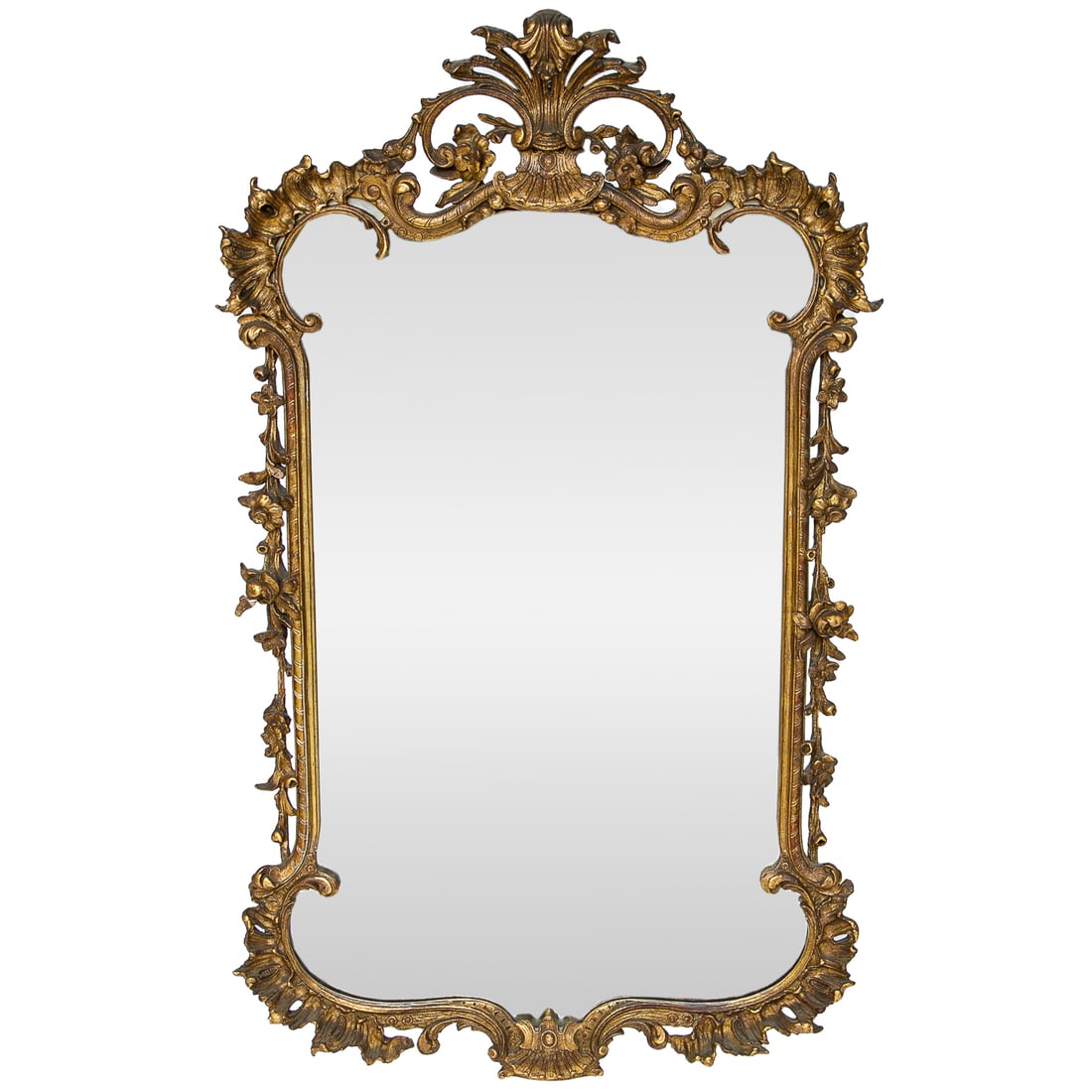 Early 20th C. Carved Gilt Wood Louis XV Style Wall Mirror: Early 20th C. Carved Gilt Wood Louis XV Style Wall Mirror, Having Carved Pierced Center Plume, Flanked by Carved Gadrooned Leaf Corners, Sides Feature Carved Floral and Leaf Designs, Bottom Also Featu