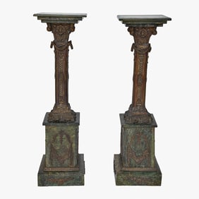 Early 20th C. Verde Marble and Bronze Pedestals, Pair