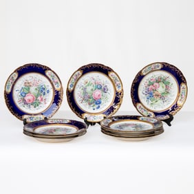 Late 19th C. Set of Sevres Cobalt Blue Hand Painted Floral Dinner Plates, Ten Total