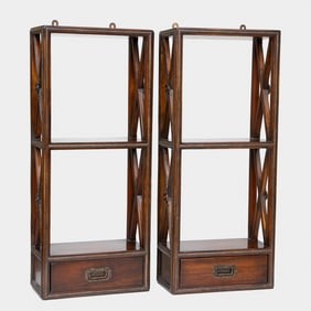 Vintage Theodore Alexander Acacia Wood Campaign Style Hanging Wall Shelves, Pair