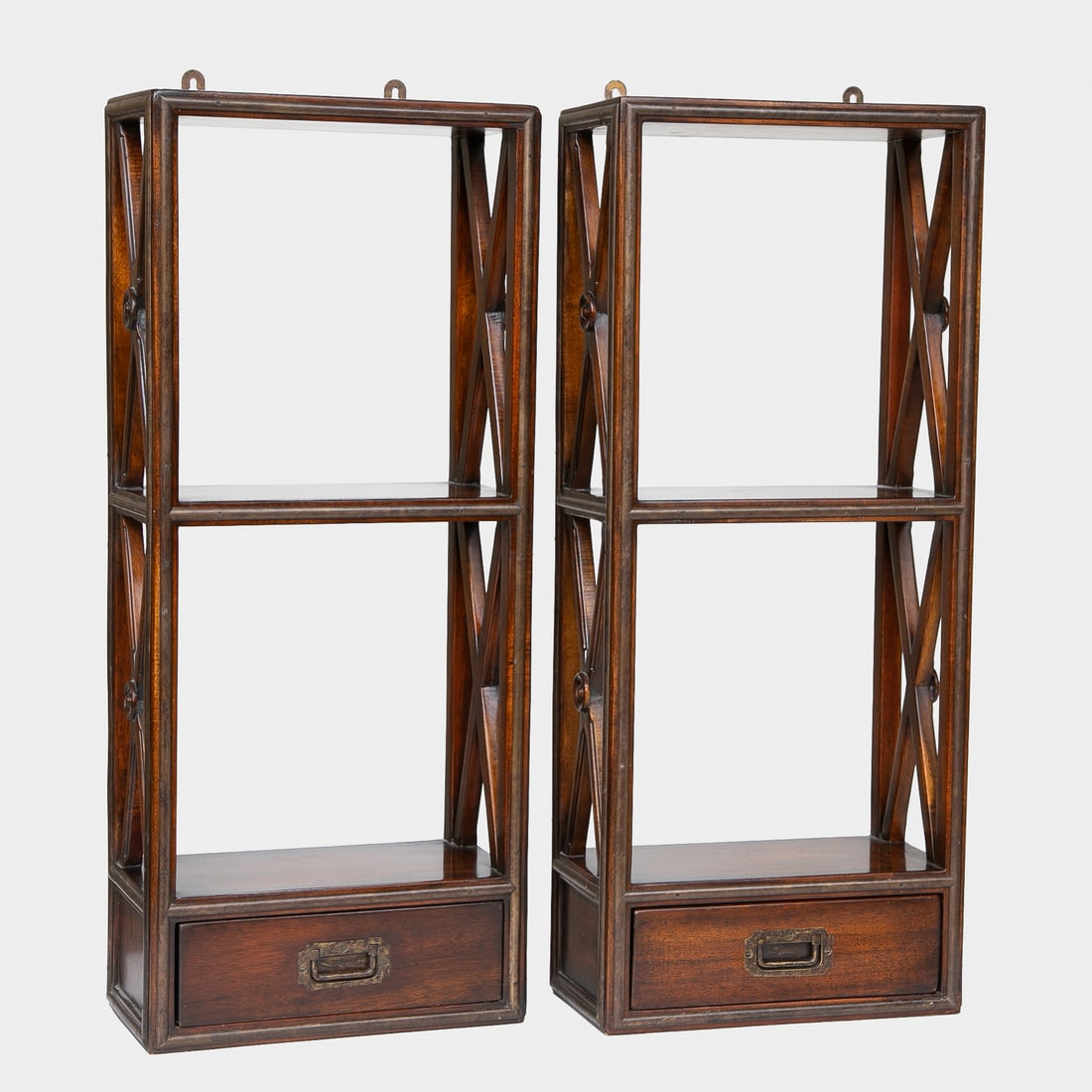 Vintage Theodore Alexander Acacia Wood Campaign Style Hanging Wall Shelves, Pair (1 of 9)