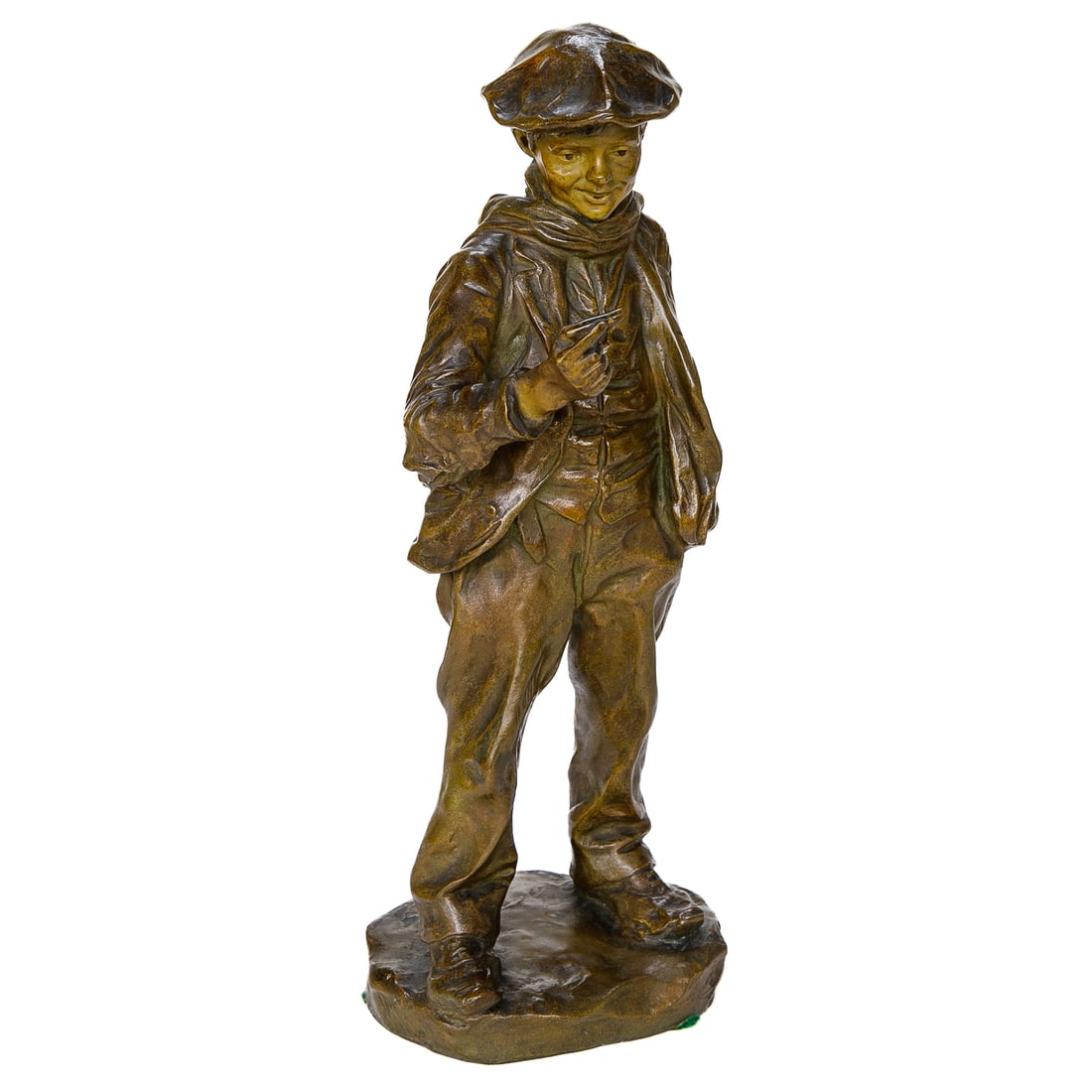 Late 19th C. Jose Cardona, Spanish, 1878-1922, Parisian Street Boy Bronze Sculpture: Late 19th C. Jose Cardona, Spanish, 1878-1922, Parisian Street Boy Bronze Sculpture, Wearing Cap and Scarf, Resting on Ground Form Base, Signed Lower Right, Bears Round Foundry Seal "Bronze Garanti, L