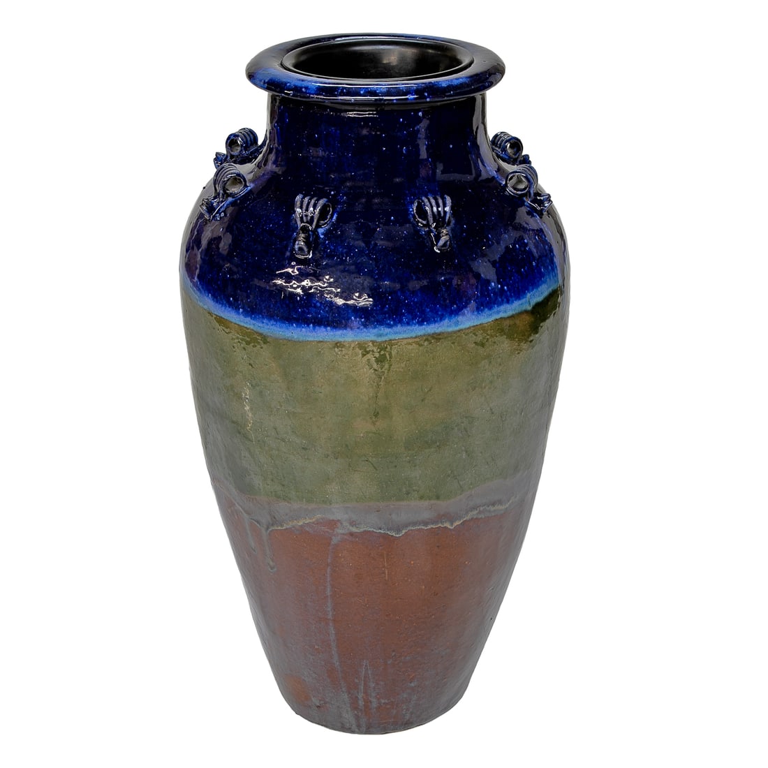 Vintage Glazed Terra Cotta Urn/Planter: Vintage Glazed Terra Cotta Urn/Planter, Having Cobalt Blue Top Featuring Scroll Form Designs Along Neck, Atop Olive Green Body, Atop Brown Bottom, Accompanied by Custom Ebony Cone Shaped Plastic Liner