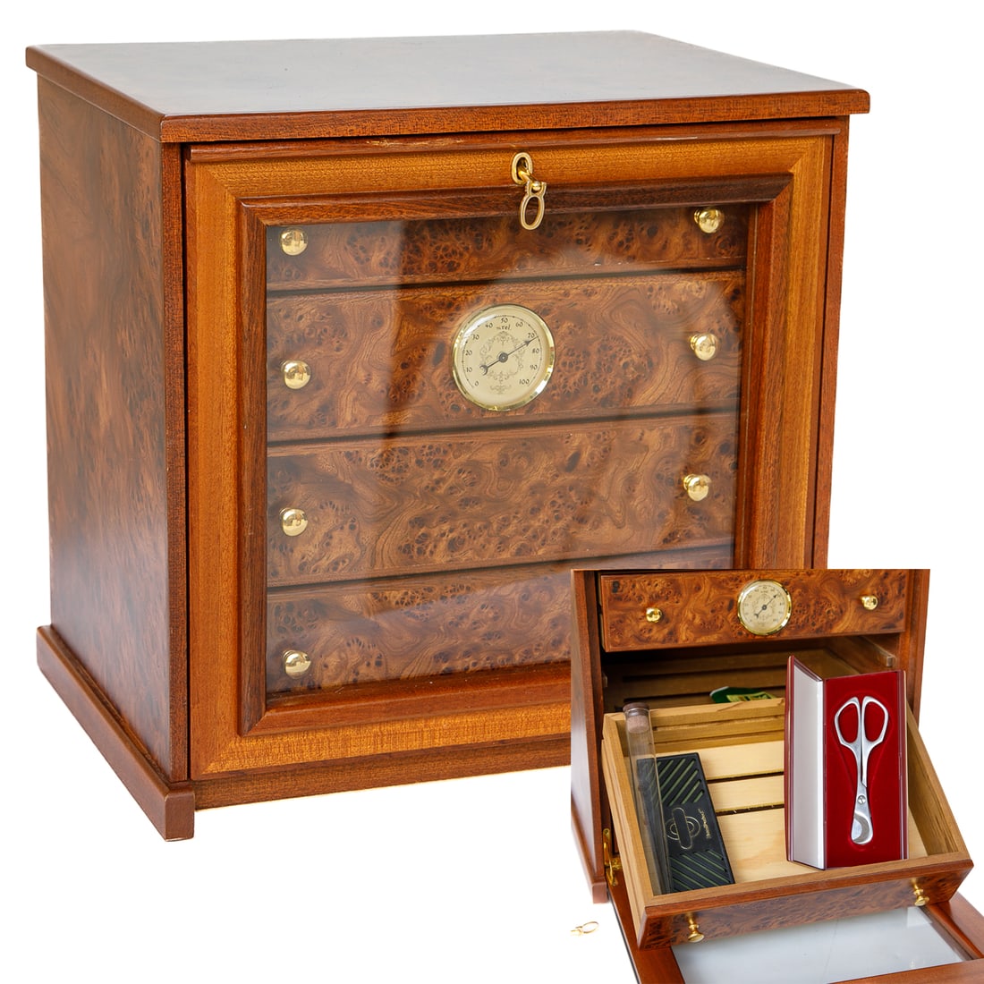 Late 20th C. Luxury Burl Briarwood Cigar Humidor Chest with Hygrometer (1 of 9)