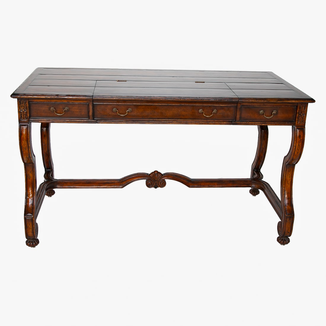 Spanish Style Writing Desk: Spanish Style Writing Desk, Acacia Wood in Fruit Wood Finish, Having Plank Top, Cross Banded Edge, Two Small Drawers in Frieze, Center Faux Drawer Lifts And Folds Back Revealing Tobacco Leather Blind