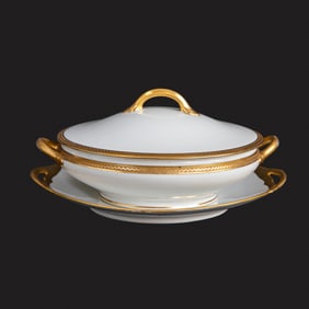 Vintage French Porcelain Ivory and Gold Covered Vegetable Dish and Companion Under Plate