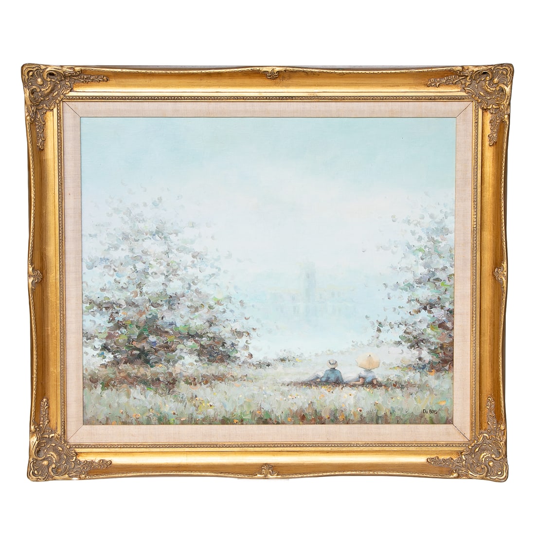Henri Dubois Impressionistic Landscape Scene, Oil on Canvas: Henri Dubois Impressionistic Landscape Scene, Oil on Canvas, Depicting Male and Female Reclining in Field, Signed Lower Right, Tan Linen Matting, Housed in Gold Leaf Frame Featuring Shell and Floral