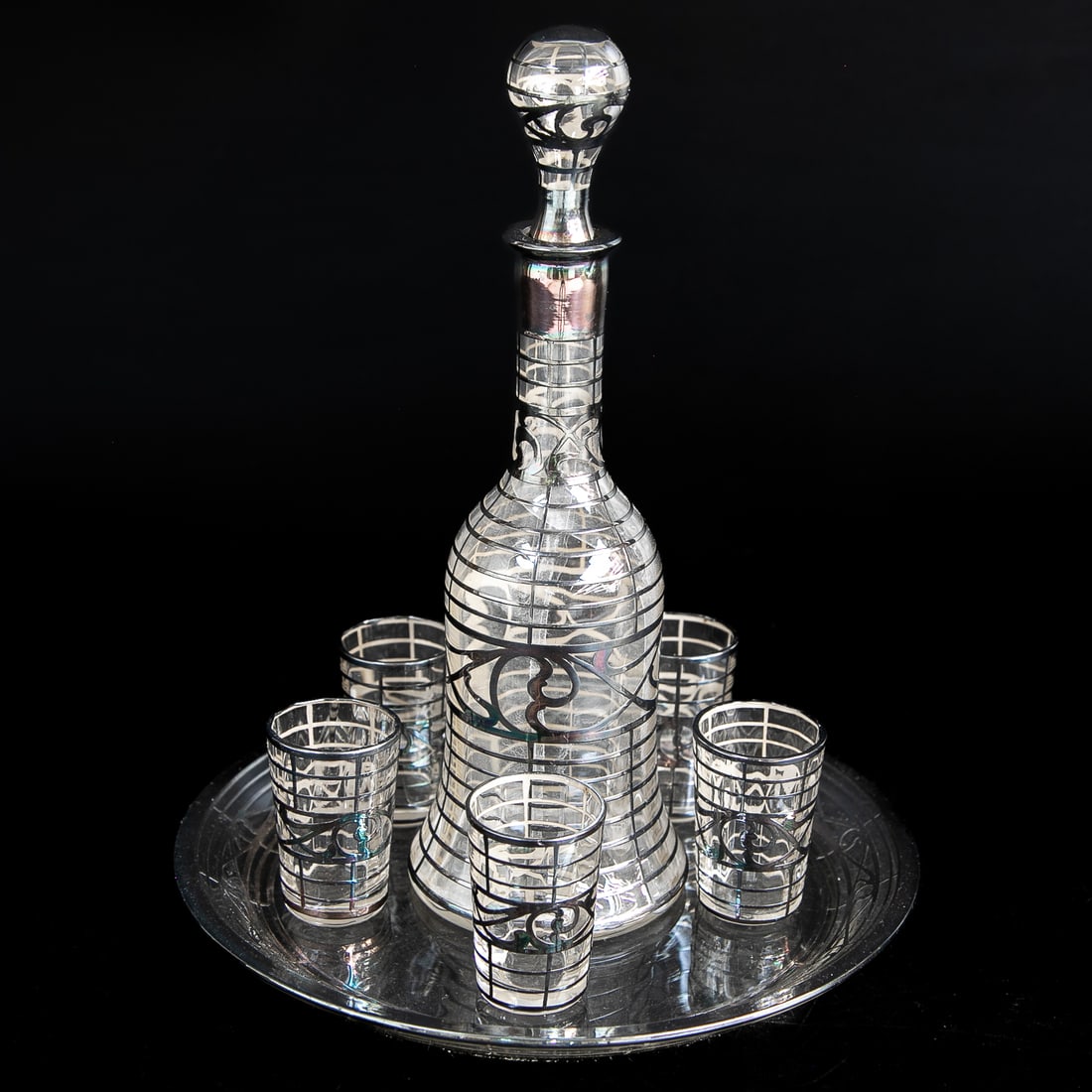 Vintage Glass and Silver Overlay Bar Ware, Seven Pieces Total (1 of 7)