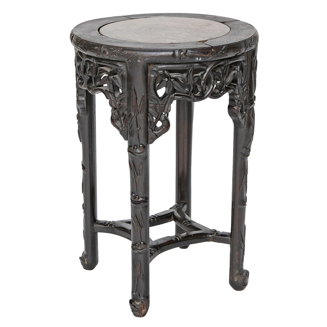 Late 19th C. Chinese Carved Teak Wood Stand: Late 19th C. Chinese Carved Teak Wood Stand, Having Circular Rouge Marble Inset Top. Pierced and Floral Carved Frieze, Resting on Carved Legs Featuring Bamboo Designs, Carved Square Support