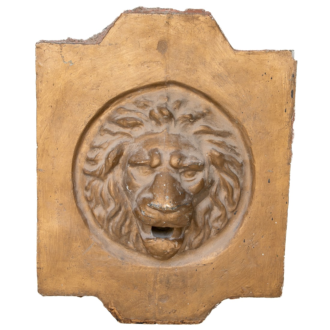 Vintage Venetian Style Plaster Lion Mask Wall Fountain: Vintage Venetian Style Plaster Lion Mask Wall Fountain, Mouth Open For Fountain, Shaped Back. 24" High, 19" Wide, 7" Deep