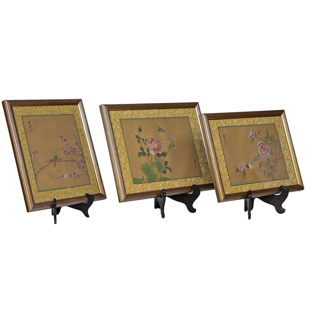 Group of Vintage Framed Chinese Silk Prints, Three Total: Group of Vintage Framed Chinese Silk Prints, Three Total, Includes One Pair Having Birds and Floral Decorations, and One Single Having Floral and Butterfly Decorations, All Having Emerald Green