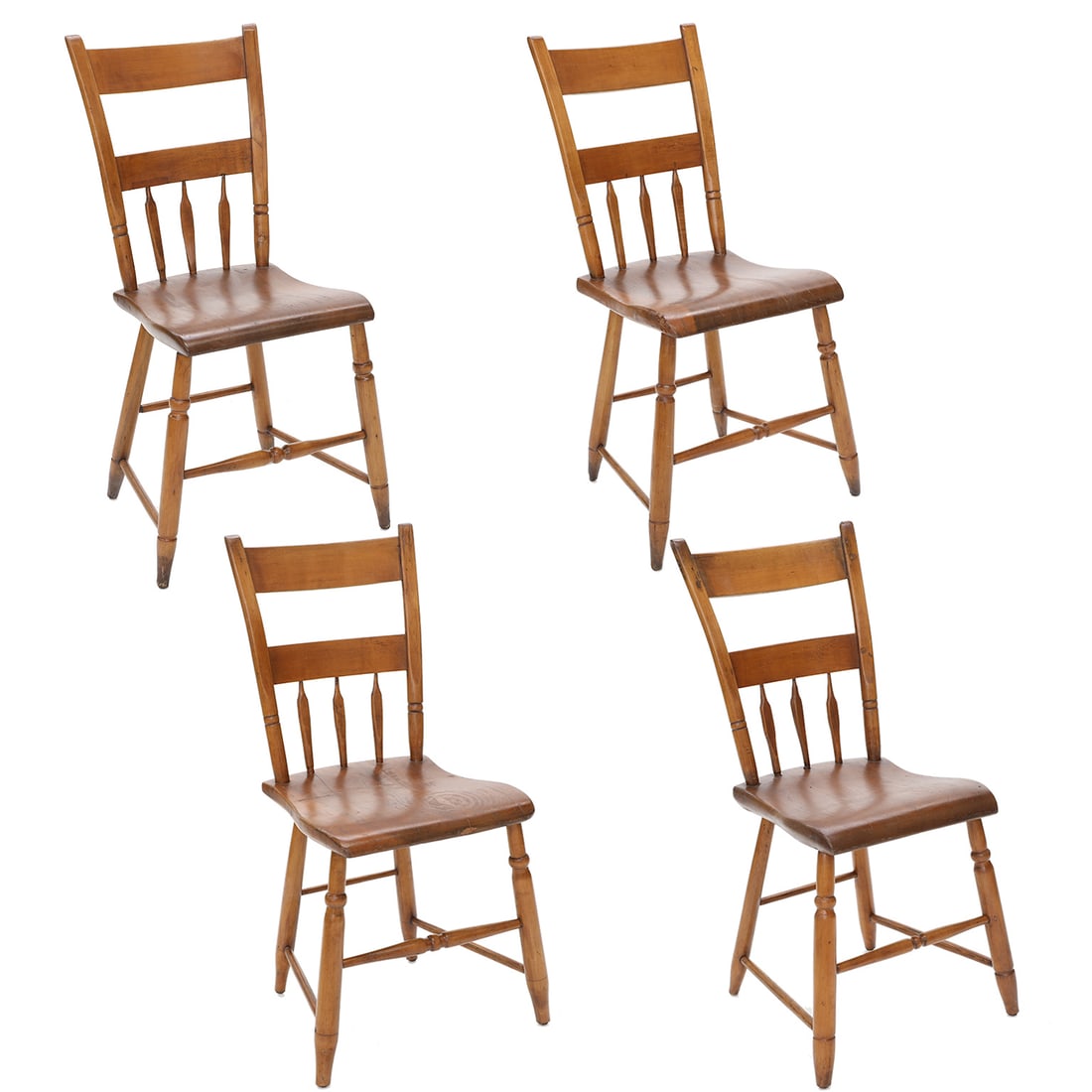 Early American Style Cherry Wood Side Chairs, Set of Four: Early American Style Cherry Wood Side Chairs, Set of Four, Having Straight Top Rail, Half Spindle Lower Support, Turned Sides, Shaped Seats, Resting on Turned Legs, Box Shape Support Stretcher. 33.25"