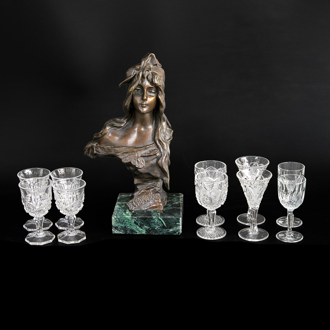 Group of Table Top Items, Eleven Total: Group of Table Top Items, Eleven Total, Includes One Emmanuel Vilanis Art Noveau Behemienne Bronze Sculpture Depicting Female Bust, Resting on Square Verde Marble Base, 11.5" High, 7" Wide, 4.5"