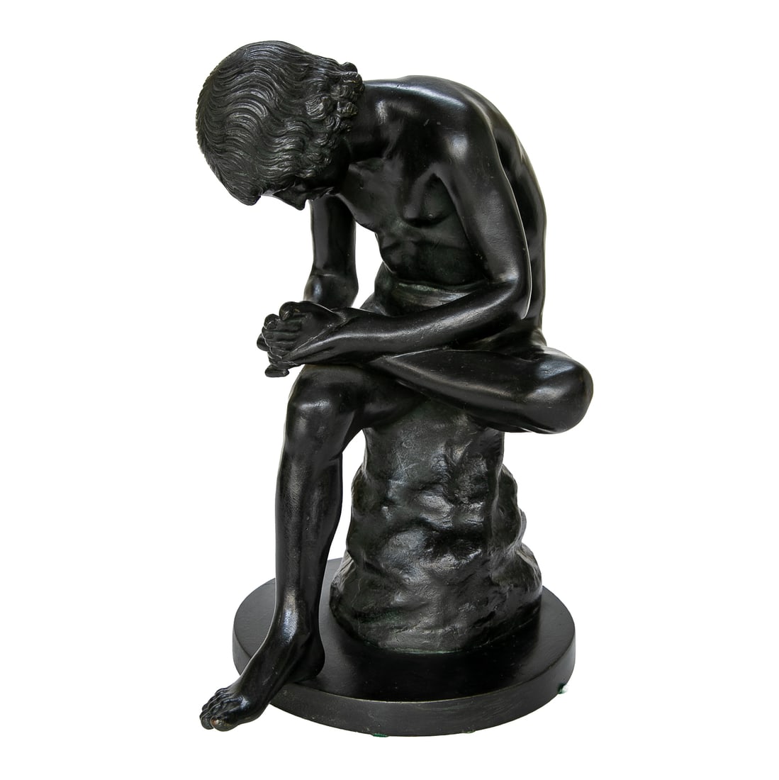 Vintage Spelter Sculpture Depicting The Boy with the Thorn: Vintage Spelter Sculpture Depicting The Boy with the Thorn, Boy Picking Thorn From Foot, Resting on Circular Base. 13" High, 9" Wide, 10" Deep