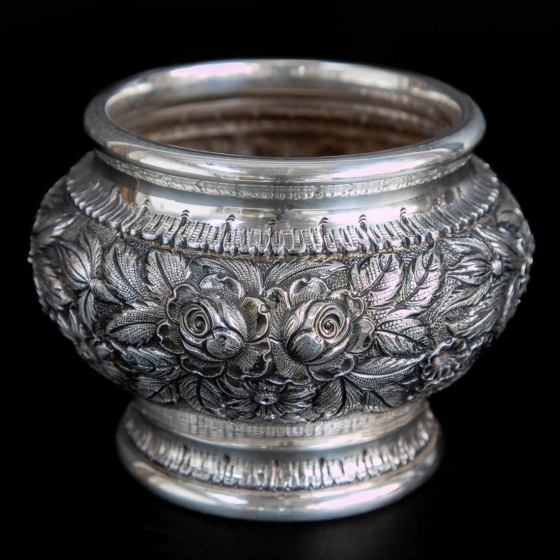 S. Kirk and Son Sterling Silver Rose Repousse Bowl: S. Kirk and Son Sterling Silver Rose Repousse Bowl, Having Smooth Top Edge, Floral and Leaf Designs, Resting on Circular Base, Hand Decorated, Marked on Bottom. 3.5" High, 5" Diameter